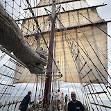 Crew and guests hoisting the sails on the Atlantis. (photo by Mary S.)