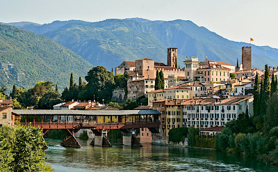 Ponte degli Alpini & Upper Castle in Bassano del Grappa, Veneto, Italy. ©Photo via TO 45.767493, 11.731156