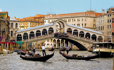 Rialto Bridge in Venice, Italy. Photo via Flickr:Tambako the Jaguar 45.4381422714777, 12.33593018421237
