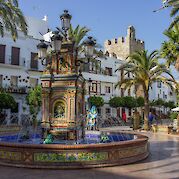 Coastal Andalusia - Mosaic fountain in the main square, Vejer de la Frontera, Cádiz, Spain. Flickr:Eneko Bidegain 36.24984657295193, -5.966262228758186