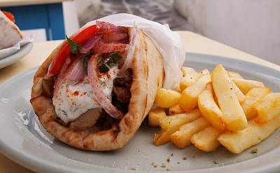 Mid-ride Greek snack of falafel and fries perhaps. Flickr:Ben Ramirez