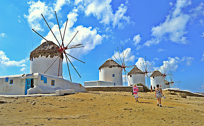 Famous windmills above Mykonos on Mykonos Island, Greece. Photo via Flickr:Ira Gelb 37.447473, 25.327018