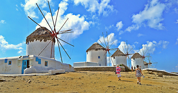 Famous windmills above Mykonos on Mykonos Island, Greece. Flickr:Ira Gelb 37.447473, 25.327018