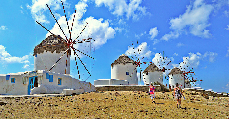 Famous windmills above Mykonos on Mykonos Island, Greece. Flickr:Ira Gelb 37.447473, 25.327018