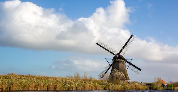 A traditional Dutch windmill stands next to a canal, surrounded by tall grass under a partly cloudy sky in the Netherlands.