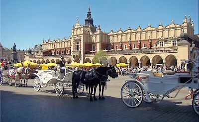 Horsedrawn carriages at the Linen Hall in Kraków, Poland. Flickr:Jorbasa Fotografie
