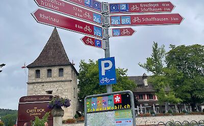 Route signs at Rheinfall, Schaffhausen, Switzerland. ©Gea