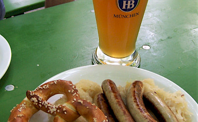 Sausages, sauerkraut, pretzels and beer - typical German foods. Flickr:TeaMeister