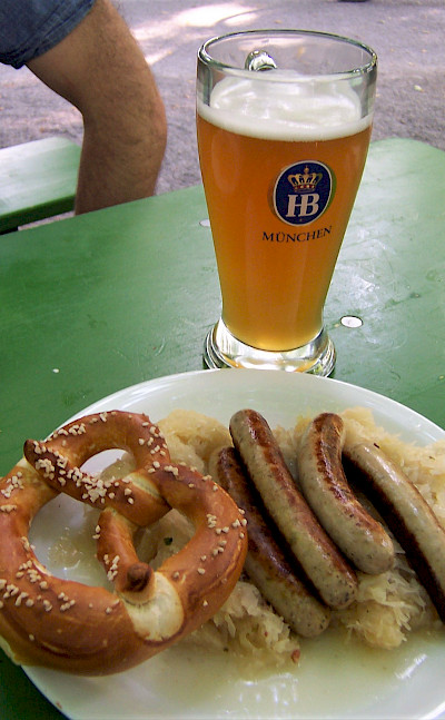 Sausages, sauerkraut, pretzels and beer - typical German foods. Flickr:TeaMeister