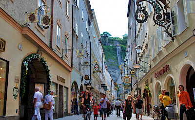 Getreidegasse in Old Town Salzburg, Austria. Photo via Flickr:Patricia Feaster 47.723729, 12.875652