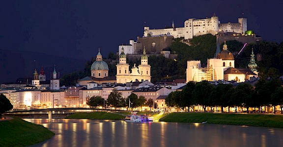 Nighttime in Salzburg, Austria. Photo via Wikimedia Commons:Jiuguang Wang 47.798374, 13.040085