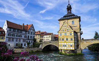 Altes Rathaus and the Regnitz River in Bamberg, Germany. CC:Tamcgath