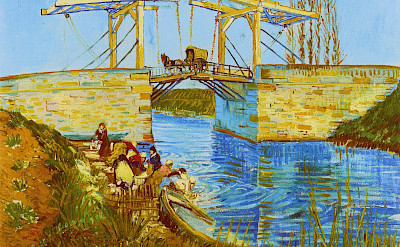 Langlois Bridge with Women Washing in Arles, France by Van Gogh, 1888.