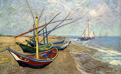 Fishing boats on the Beach by Vincent Van Gogh in Saintes-Maries-de-la-Mer, 1888.