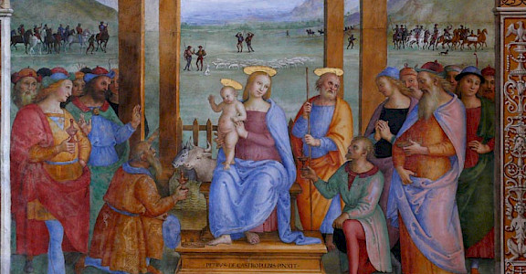 Pietro Perugino fresco, <i>Adoration of the Magi</i>, on display in Perugia, Umbria, Italy.