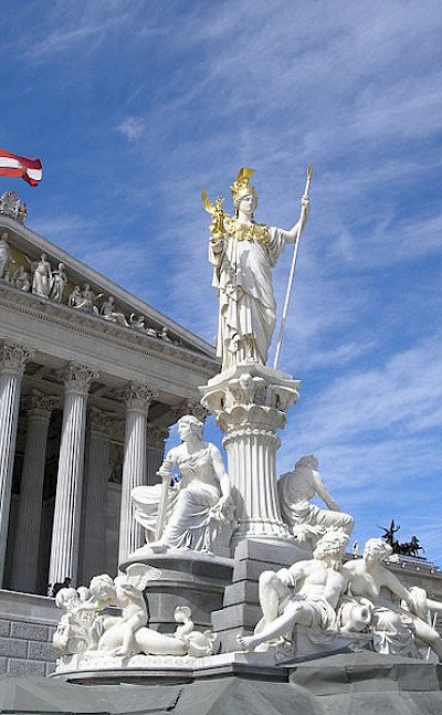 Statue of Athena in front of Austrian Parliament. Photo via Austria Board of Tourism 48.208055, 16.358627