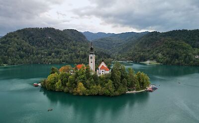 Pilgrimage church in the middle of Lake Bled in Slovenia. Flickr:Peter Emil Skovgaard
