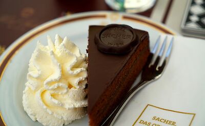 A slice of Sachertorte with cream in Vienna, Austria. Unsplash@Tim Photoguy
