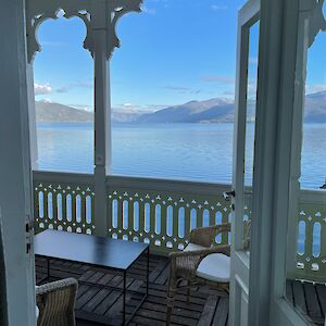 Balcony overlooking the Fjord at the historic Kviknes Hotel