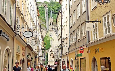 Getreidegasse, the famous shopping street in Salzburg, Austria. Flickr:Dennis Jarvis