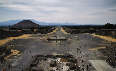 View of the archaeological site from an elevated standpoint, Teotihuacan, Mexico. Vibe Adventures@Unsplash