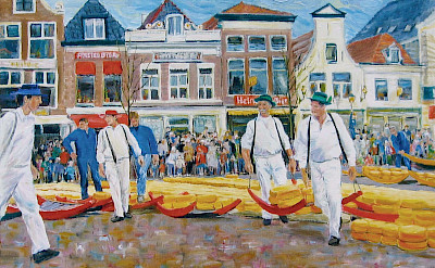 Painting of the famous Cheese Market in Alkmaar, North Holland, the Netherlands.