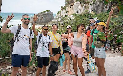 Tour group posing for the camera, Tulum, Mexico. CC:Mexico Kan Tours