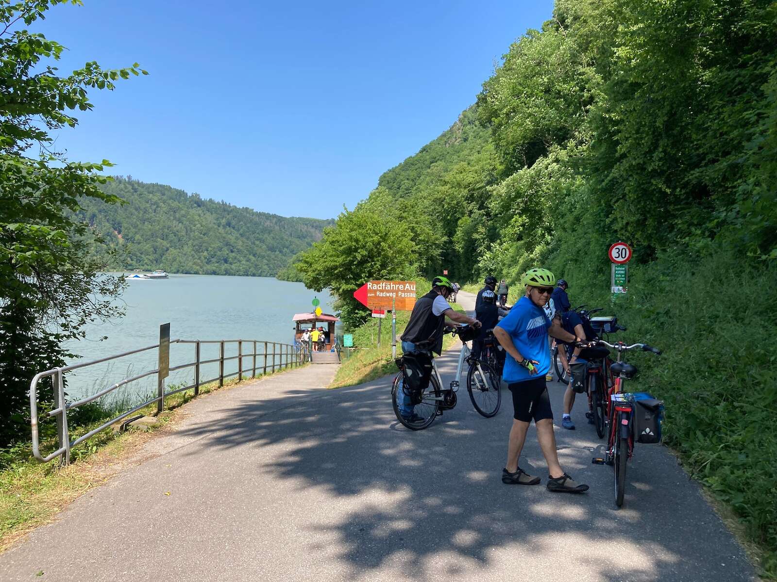 Arriving at the ferry dock after crossing the Danube. "This way, Linda"