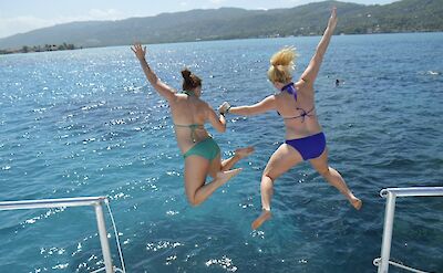 Jumping off the catamaran, Jamaica.