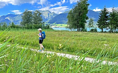 Walking through alpine meadows under clear skies. toEH