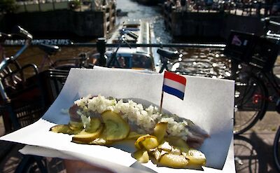 Pickled herring with onions, a traditional Dutch delicacy. Flickr:BryceEdwards