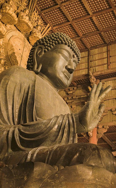 A giant bronze Buddha statue inside a historic wooden hall. Unsplash@Gavin Li