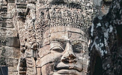 Large face on a temple at Angkor Wat, Cambodia bike tour. Unsplash@Sylwia Bartyzel