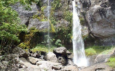 A hidden Fijian waterfall surrounded by mossy cliffs and rainforest. to-FIT