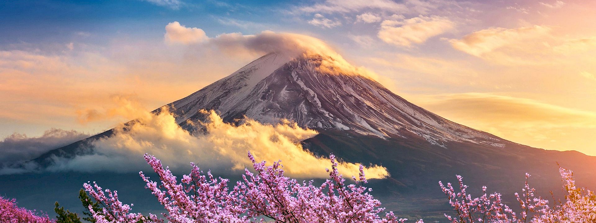 Clouds and cherry blossoms around Mount Fuji in Japan. Unsplash@Getty Images