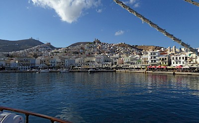 Ermoupolis harbor in Syros with neoclassical buildings. to IH