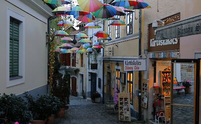Colorful umbrellas above a cozy lane in Szentendre, Hungary. Pixabay:Csillagvir&aacute;g