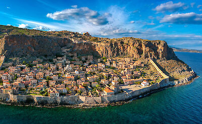 Aerial view of Monemvasia fortress town surrounded by the Aegean Sea. toABB