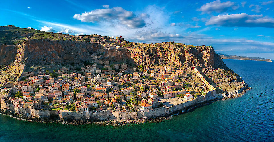 Aerial view of Monemvasia fortress town surrounded by the Aegean Sea. toABB