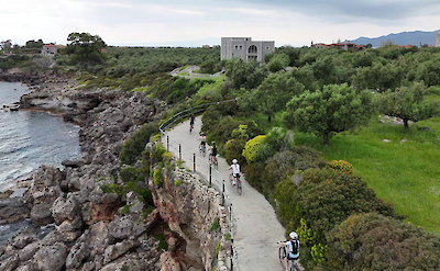 Coastal cycling path above the rocky coastline in Mani. toABB