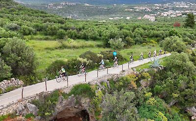 Guided cyclists riding through olive groves in the Peloponnese. toABB