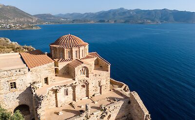 Byzantine church overlooking the sea in Monemvasia old town. toABB