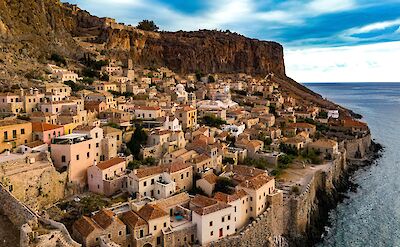 Cliffside view of Monemvasia medieval town. toABB