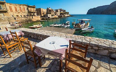 Waterfront tavernas in Gerolimenas fishing village. toABB