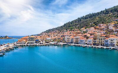Coastal view of Gytheio harbor and hillside town in the Peloponnese. toABB
