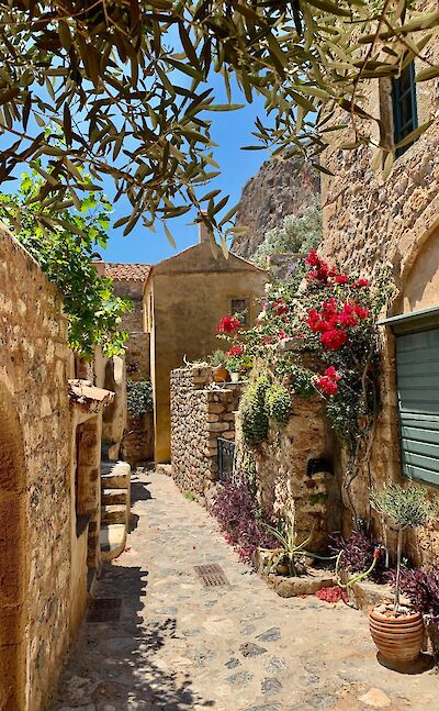 Stone alleyway inside the medieval village of Monemvasia. toABB