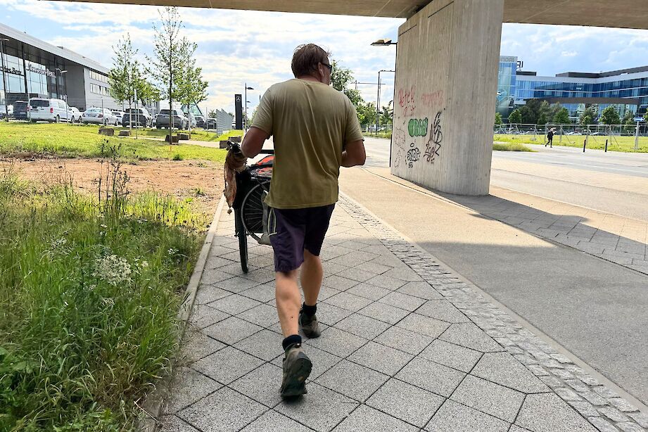 Karl Bushby walking into the outskirts of Frankfurt, Germany. CC:Rosalind Perrett