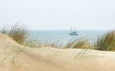 A fishing boat sails on the Sea near the North Holland Dune Reserve. unsplash:ChristianPaulStobbe