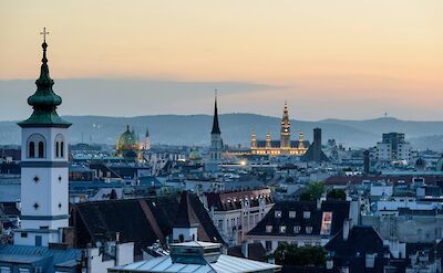 Elevated view of the Vienna skyline at sunset, Austria. Unsplash@Jacek Dylag