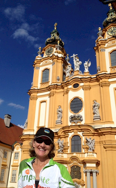TripSite biker Emily Hull-Parsons at the Abby in Melk, Austria. Photo by Emily.